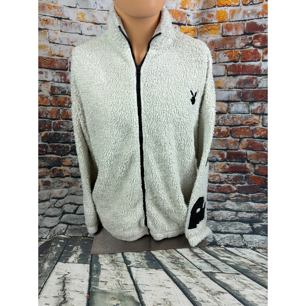 Playboy by PacSun Sherpa Fleece Full Zip Jacket Cream Black XS/S Mock Neck